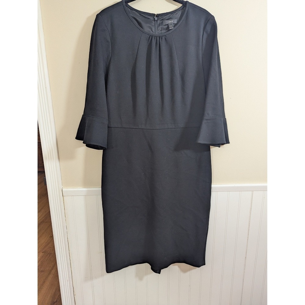 J.Crew Black Wool Blend Bell Sleeve Sheath Dress Pleated Neckline Size 10